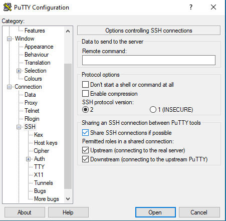 PuTTY settings for connection sharing