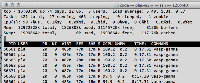 Output of top command showing vasp processes.